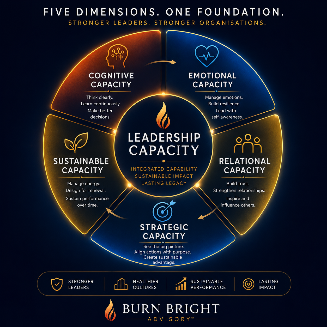 The five dimensions of Leadership Capacity: cognitive, emotional, relational, strategic and sustainable