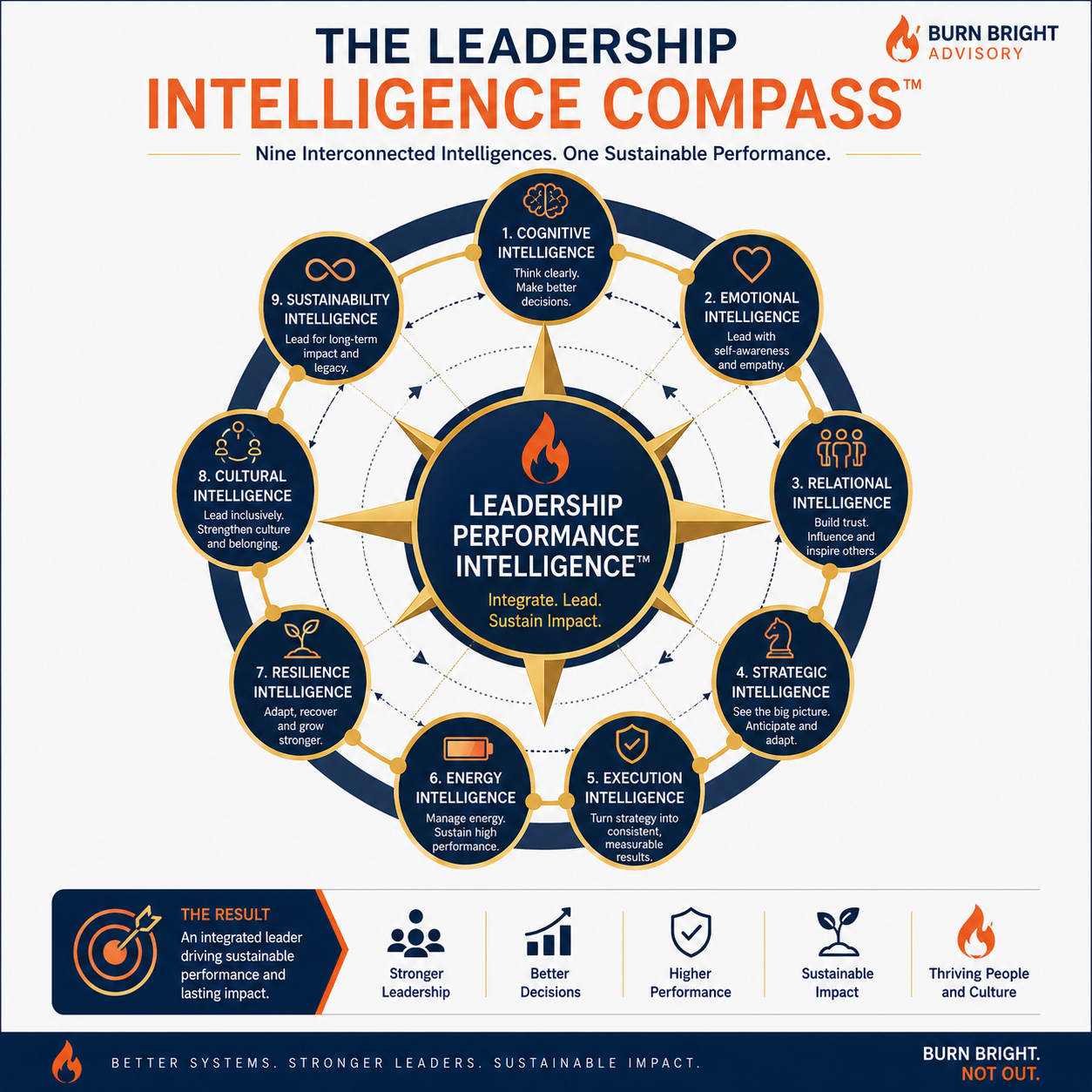 The nine interconnected domains of the Leadership Intelligence Compass