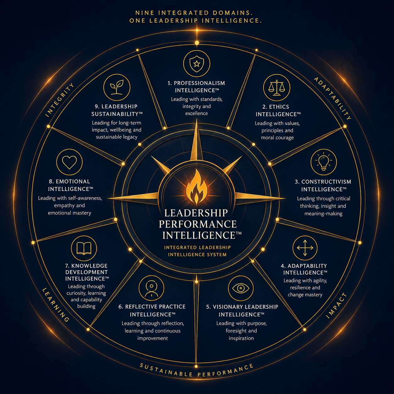 The Leadership Intelligence Compass showing nine interconnected leadership domains