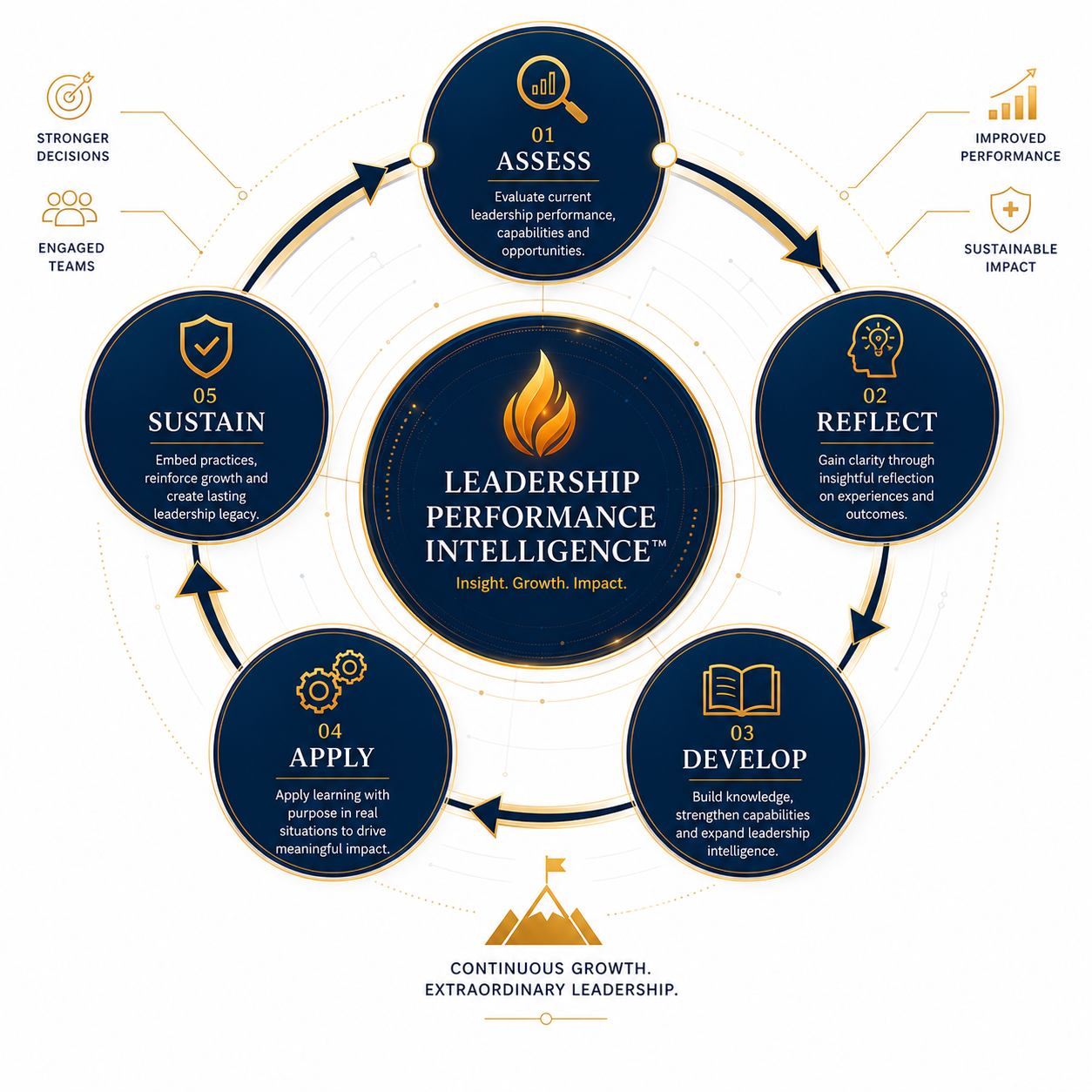 The five-stage Leadership Development System cycle: Assess, Reflect, Develop, Apply, Sustain