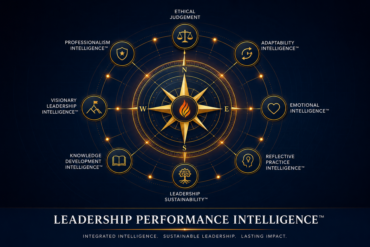 Illuminated compass radiating interconnected pathways representing Leadership Performance Intelligence against a navy and gold background