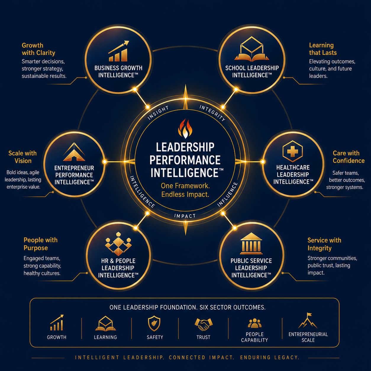 Infographic showing six connected sector hubs surrounding the central Leadership Performance Intelligence framework