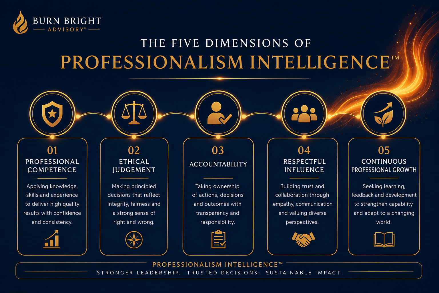 Professionalism Leadership Framework connecting the five dimensions of Professionalism Intelligence