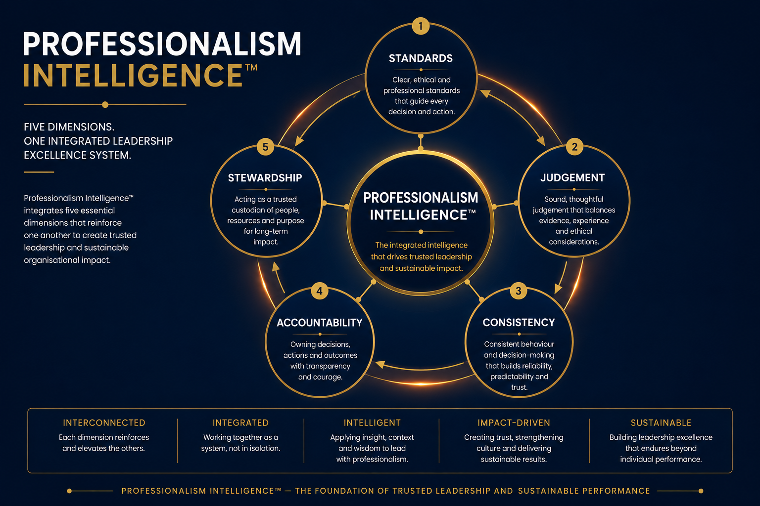 Professionalism Intelligence framework showing interconnected leadership domains