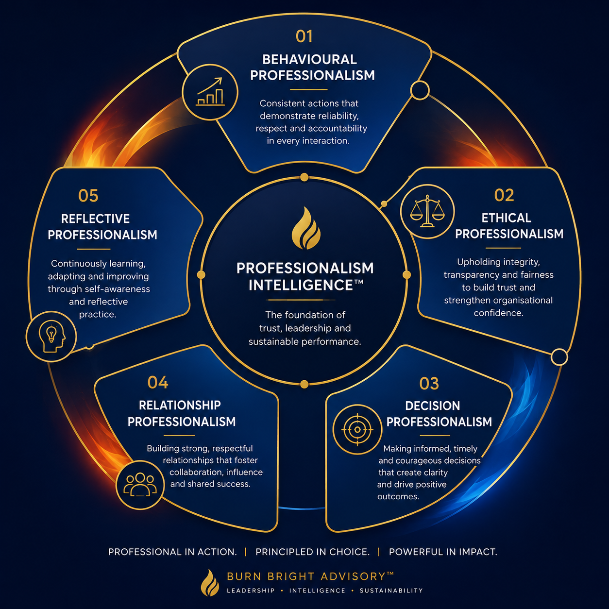 Diagram showing Professionalism Intelligence connecting to other Leadership Intelligence Compass domains