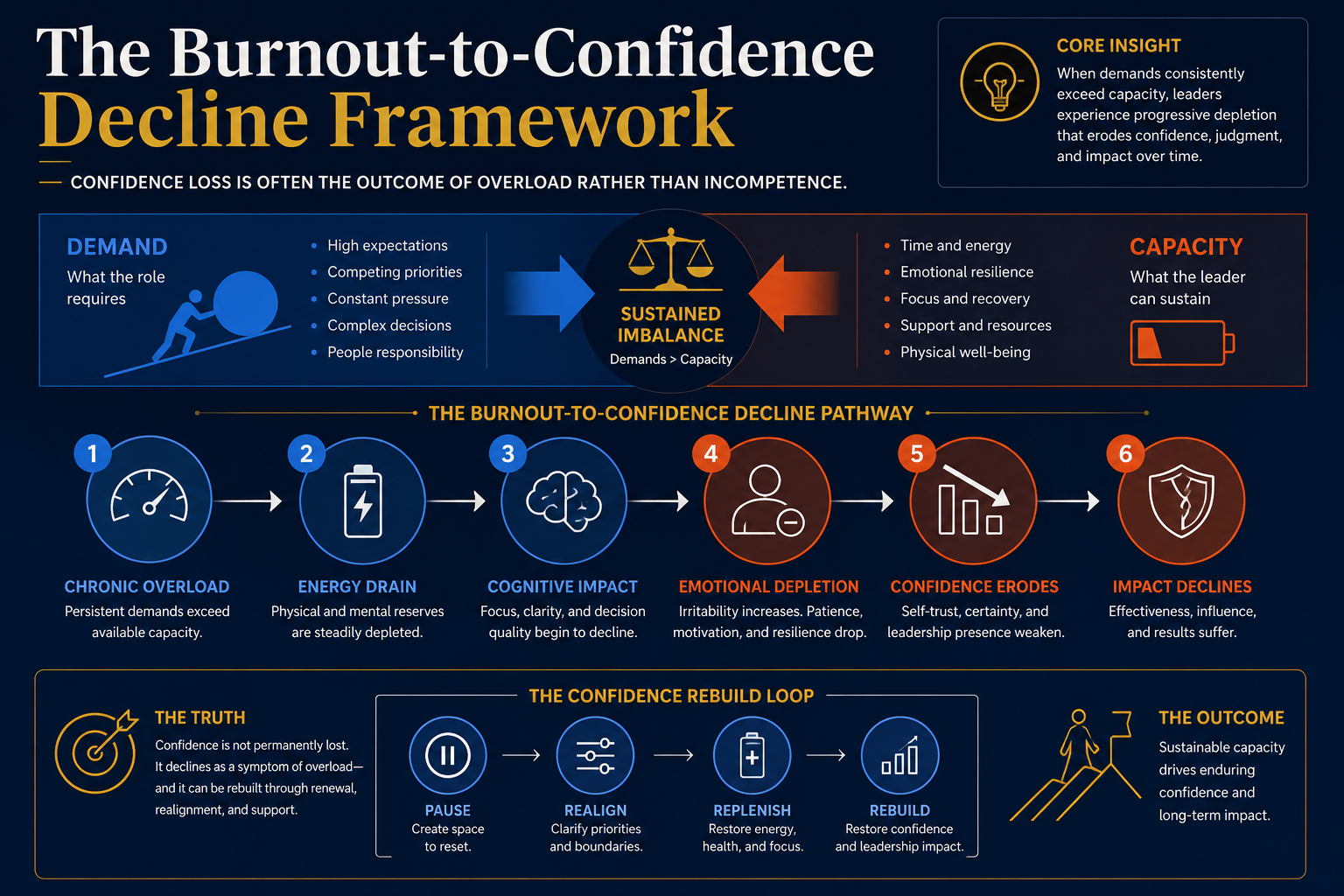 burnout leadership confidence loss - the burnout to confidence decline framework showing how overload erodes a leader's trust in their judgement