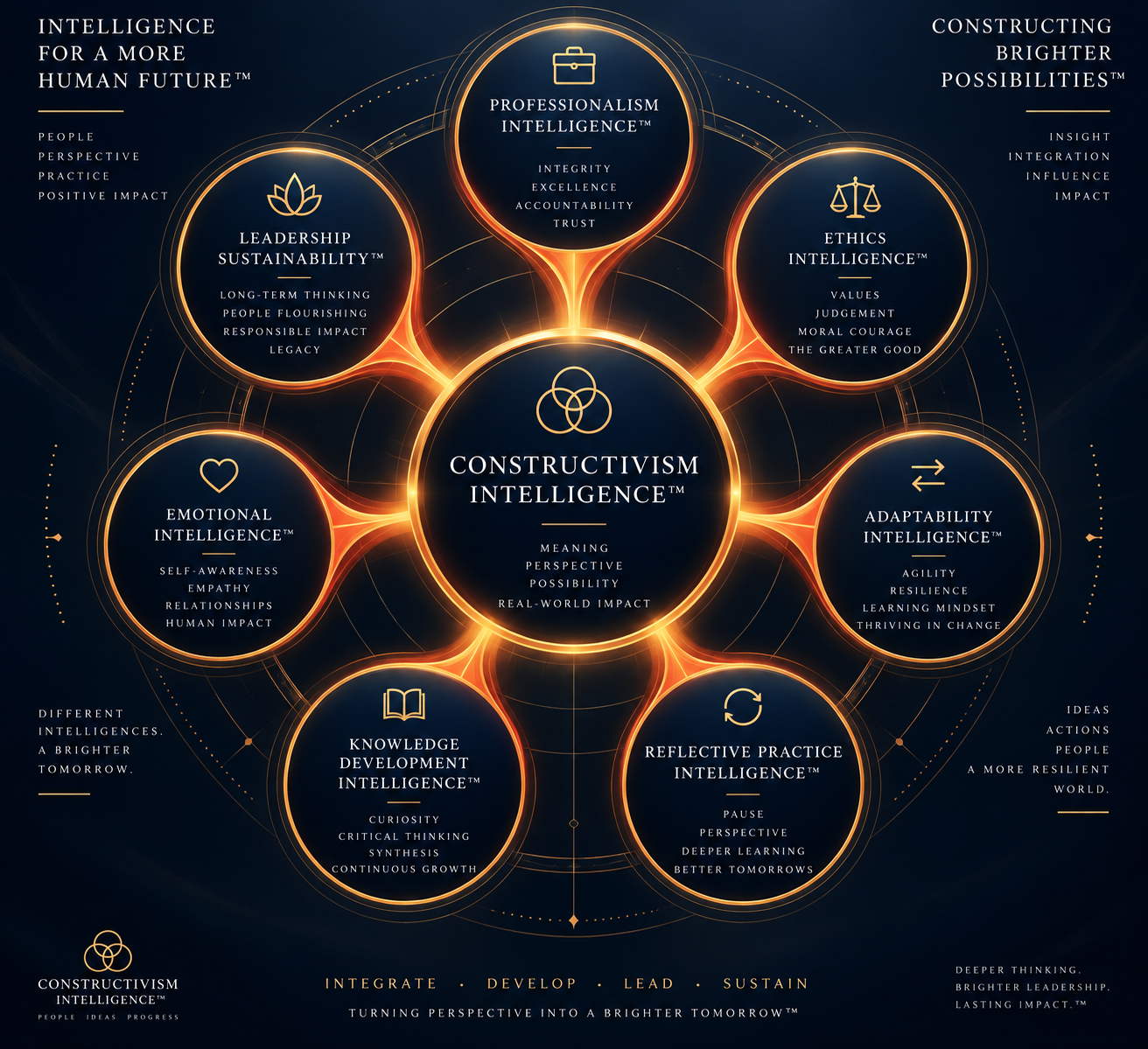 Ecosystem diagram showing Constructivism Intelligence connected to other leadership intelligence domains