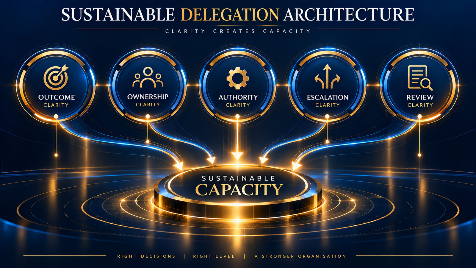 Sustainable Delegation Architecture diagram showing outcome, ownership, authority, escalation and review keeping responsibility at the correct level