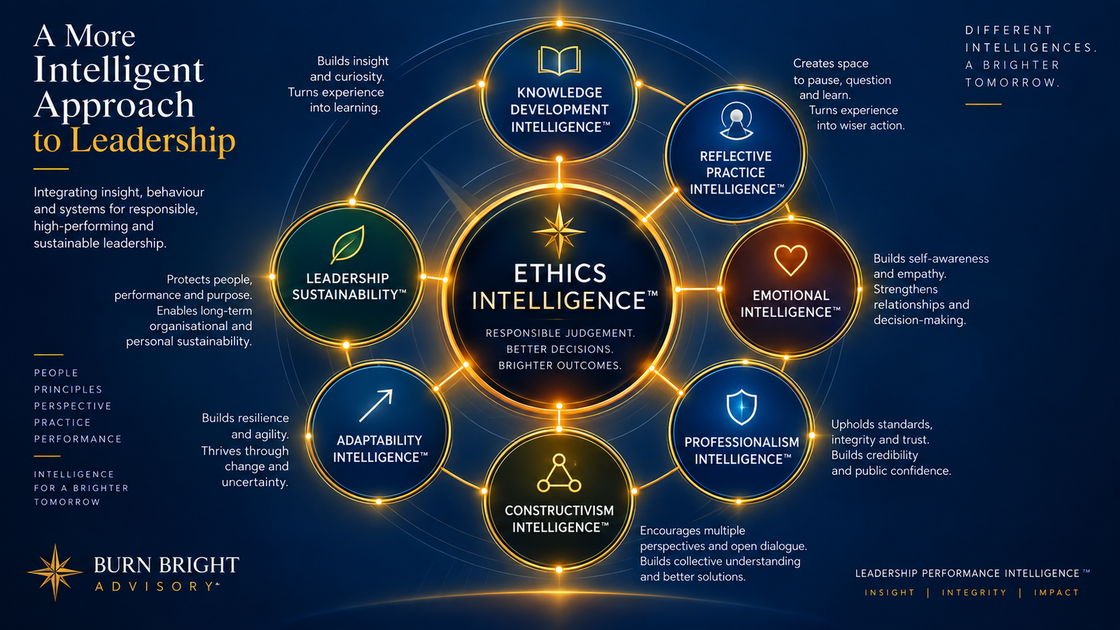 The Ethics Intelligence Framework showing its connections to reflective practice, emotional intelligence, professionalism and leadership sustainability
